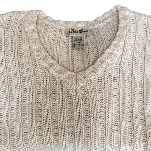 Vintage Eddie Bauer Sweater V-neck Cotton Knit Ivory Cream Off White Size Large - Picture 4 of 16